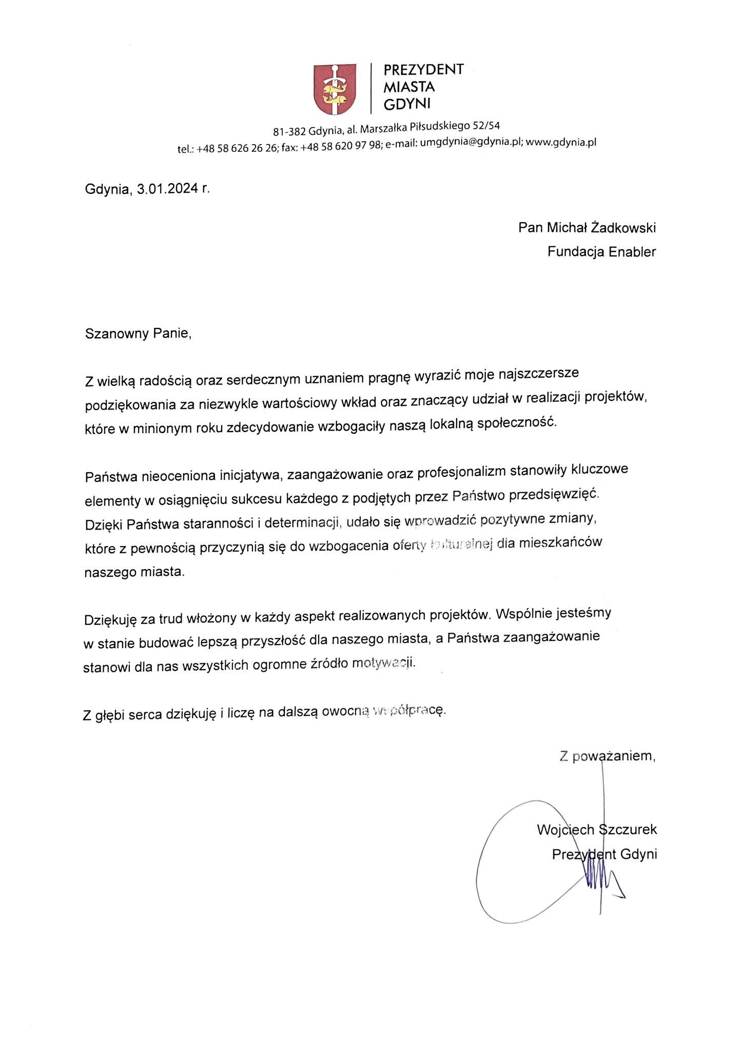 Podziękowanie od Prezydenta Gdyni za naszą zeszłoroczną działalność.